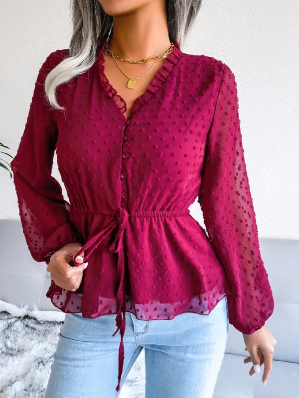 Women's Lantern Long Sleeve Ruffle lace up waist wave point Chiffon Top